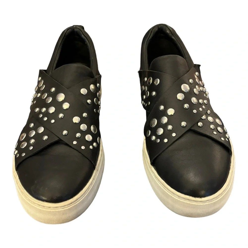 J/Slides Women’s Black Leather Studded Slip On Sneakers Size 8.5‎